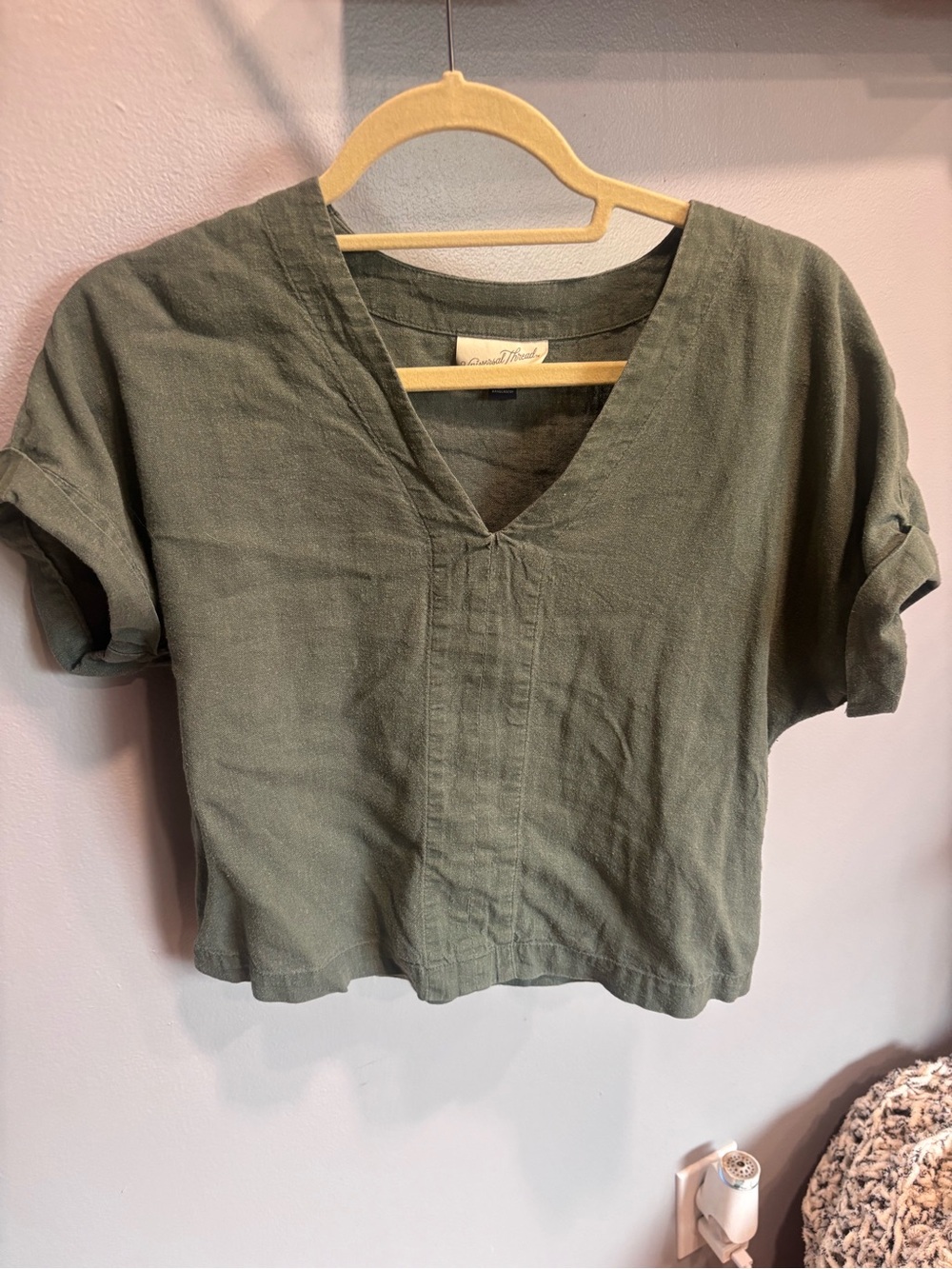 Olive Green V-Neck Linen Blend Top